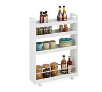 Relaxdays Carrello Salvaspazio da Cucina, Scaffale su Ruote con 4 Ripiani, Carrellino Bagno 83,5x18x59,5 cm, MDF, Bianco, Acciaio Inox