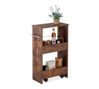 Relaxdays Carrello Stretto Salvaspazio, Carrellino Slim a 3 Ripiani per Cucina e Bagno, HxLxP 66,5 x 42 x 20 cm, Marrone, Fibra di Legno
