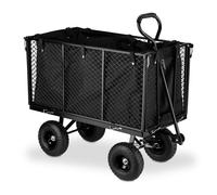 Relaxdays Carretto da Giardino, Grande Carrello con Sponde Pieghevoli, Telo Estraibile, con Manico, fino a 500 kg, Nero