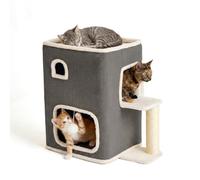 Relaxdays Casetta gatti 2 piani, cuccia con pallina e tiragraffi, grigia