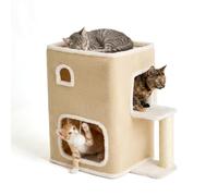 Relaxdays Casetta per gatti a 2 piani, tana con pallina e tiragraffi, beige