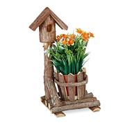 relaxdays Casetta per Uccelli con Vaso, Decorazione Portavaso con Muschio, Rustica, per Interni & Esterni, Marrone, Legno, 1 Pz