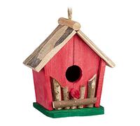 Relaxdays Casetta per Uccelli, Mangiatoia, da Appendere, Balcone e Giardino, Legno, Decor, HLP 18x17x11 cm, Rosso/Verde