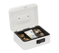 Relaxdays Cassetta con Combinazione, 3 Cifre, Porta Soldi, Valigetta in Ferro, Portavalori, 8,5x20x17 cm, Bianco, Acciaio