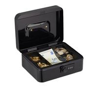 Relaxdays Cassetta con Combinazione, 3 Cifre, Porta Soldi, Valigetta in Ferro, Portavalori, 8,5x20x17 cm, Nero