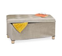 Relaxdays Pouf con Contenitore Vassoio, HxLxP: 34x76x38 cm, Sgabello Portaoggetti Salvaspazio, Panca, Velluto, Creme, Fibra di Legno, 1 pz