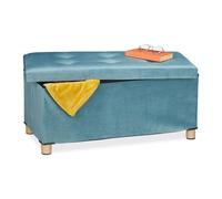 Relaxdays Pouf con Contenitore Vassoio, HxLxP: 34x76x38 cm, Sgabello Portaoggetti Salvaspazio, Panca, Velluto, Turchese, Fibra di Legno, 1 pz