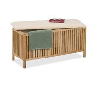 Relaxdays Pouf Portabiancheria, Cesto da Bagno 100 l, HLP: 50x100x38 cm, Sgabello Contenitore in Legno, Naturale Bianco