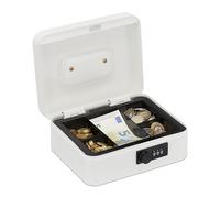 Relaxdays Cassetta con Combinazione, 3 Cifre, Porta Soldi, Valigetta in Ferro, Portavalori, 8,5x20x17 cm, Bianco, Acciaio