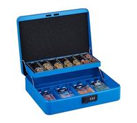 Relaxdays Cassetta con Combinazione Numerica a 3 Cifre, per Banconote, Scomparto per Monete, 8,5x30,5x25 cm, Blu, Ferro