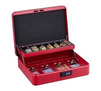 Relaxdays Cassetta con Combinazione Numerica a 3 Cifre, per Banconote, Scomparto per Monete, 8,5x30,5x25 cm, Rosso, Acciaio