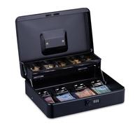Relaxdays Cassetta con Combinazione Numerica a 3 Cifre, Porta Soldi con Inserto per Monete e 4 Scomparti, in Ferro, Nero, 8,5 x 30,5 x 24,5 cm