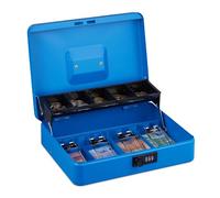 Relaxdays Cassetta con Combinazione Numerica a 3 Cifre, Porta Soldi con Inserto per Monete e 4 Scomparti, n Ferro, Blu, 8,5 x 30,5 x 24,5 cm