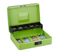 Relaxdays Cassetta con Combinazione Numerica a 3 Cifre, Porta Soldi con Inserto per Monete e 4 Scomparti, Ferro, Verde, 8,5 x 30,5 x 24,5 cm
