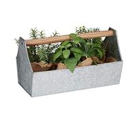 relaxdays Cassetta Coprivaso con Impugnatura in Legno, Attrezzi, Vaso per Fiori & Erbe, Balcone, Metallo Zincato,Argento