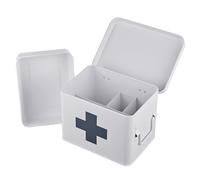 Relaxdays cassetta per medicinali, 4 scomparti, inserto rimovibile, metallo, maniglie, AxLxP: 16 x 21 x 15,5 cm, bianco