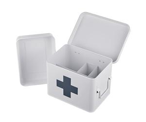Relaxdays cassetta per medicinali, 4 scomparti, inserto rimovibile, metallo, maniglie, AxLxP: 16 x 21 x 15,5 cm, bianco