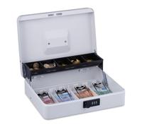 Relaxdays Cassetta con Combinazione Numerica a 3 Cifre, Porta Soldi con Inserto per Monete e 4 Scomparti, Ferro, Bianco, 8,5 x 30,5 x 24,5 cm