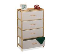 Relaxdays Cassettiera Camera da Letto, Comò 4 Cassetti in Tessuto, HLP: 94x58x32,5 cm, Struttura in bambù Naturale Beige