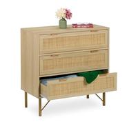Relaxdays Cassettiera Camera da Letto, Comò con 3 Cassetti, 80x80x42 cm, Settimino in Look Rattan e Legno, Naturale Oro, Ferro, Plastica, Fibra