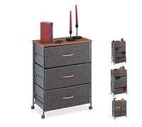 relaxdays Cassettiera con Ruote, Cassetti in Stoffa, Mobiletto, Ripiano in Aspetto Legno, HxLxP: 74,5x58x30 cm, Grigio