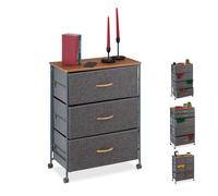 relaxdays Cassettiera con Ruote, Cassetti in Stoffa, Mobiletto, Ripiano in Aspetto Legno, HxLxP: 74,5x58x30 cm, Grigio