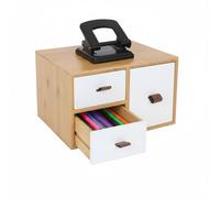 Relaxdays Cassettiera in bambù e MDF, 3 cassetti, HLP: 15 x 25 x 20 cm, Organizer scrivania, Naturale/Bianco, Fibra di Legno, Plastica