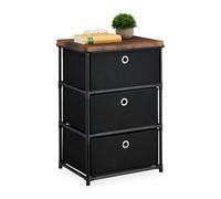 Relaxdays Cassettiera in Stile Industriale, Comò con 3 Cassetti e Ripiano in Tessuto, Metallo, 65x43x33 cm, Nero Marrone, Acciaio, Plastica, Fibra di Legno