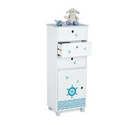 Relaxdays Cassettiera per Bambini, per la Cameretta, 3 Cassetti e 1 Scomparto con Anta, HLP: 105x42x30 cm, Bianco Blu, Fibra di Legno