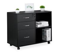 Relaxdays Cassettiera sotto Scrivania da Ufficio, Mobile con Chiave, 3 Cassetti Portadocumenti, HLP: 66x80x40 cm, Nero, 90% Fibra di Legno