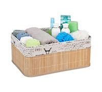 Relaxdays Cesta in Bambù Portaoggetti, con Rivestimento con Stampe Retrò, Rettangolare, 16,5x38x28,5 cm, naturale
