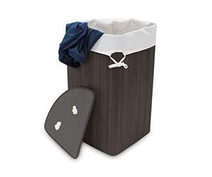 Relaxdays Cesta Porta-Biancheria Angolare in Bambù, 60 l, Pieghevole, con Coperchio, Sacco, 65,5x49,5x37 cm, Nero