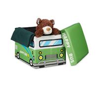 Relaxdays Cesta Portagiochi Cameretta Bambini, 32x48x32 cm, Baule Pieghevole, Sgabello Sedia Similpelle, 37 L Bus Verde