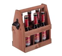 Relaxdays Portabottiglie in Legno per 6 Bottiglie di Birra, Portabirra con Apribottiglie, Cesto con Manico, Marrone, 28 x 27,5 x 15 cm