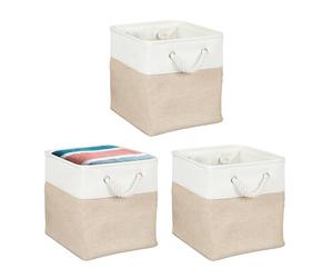 Relaxdays Cesti Portaoggetti in Tessuto Lino, 28x28x28 cm, 3 Scatole da Scaffale a Cubo, Manici in Corda, Bianco Beige