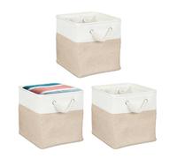 Relaxdays Cesti Portaoggetti in Tessuto Lino, 28x28x28 cm, Bianco Beige | 3 Scatole da Scaffale a Cubo, Manici in Corda