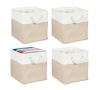 Relaxdays Cesti Portaoggetti in Tessuto Lino, 28x28x28 cm, Scatola da Scaffale a Cubo, Manici in Corda, Bianco Beige