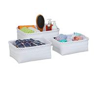 Relaxdays Cestini Bagno Portaoggetti, Set 3 Contenitori Salvaspazio & Universali, Varie Misure, Box in Plastica, Bianco, Ferro