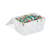 relaxdays Cestino con Coperchio, Portaoggetti da Bagno, PP Intrecciato, HLP 10,5x19,5x14,5 cm, Bianco