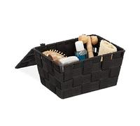 relaxdays Cestino con Coperchio, Portaoggetti da Bagno, PP Intrecciato, HLP 10,5x19,5x14,5 cm, Nero