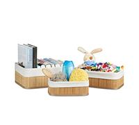 Relaxdays Cestino da Bagno Portaoggetti, Pratico Set da 3, Fodera in Tessuto, Bambù, Rettangolare, Giochi, Naturale