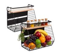Relaxdays Cestino da Parete per Frutta 2 pz, Organizer Magnetico, Gabbia Metallica, 30x35.5x21 cm, Nero/Naturale