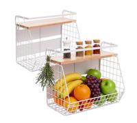 Relaxdays Cestino da Parete per Frutta, Set di 2, Legno, Organizer Cucina Magnetico, HLP 30x35,5x21 cm, Bianco/Naturale
