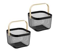 Relaxdays Cestino Metallico Portaoggetti a Rete Quadrato, Set 2 Cesti con Manico in Bambù, HLP: 17,5x26x24,5 cm, Nero