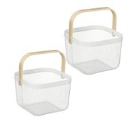 Relaxdays Cestino Metallico Portaoggetti a Rete Quadrato, Set 2 Cesti con Manico in Bambù, HLP: 17,5x26x24,5 cm, Bianco
