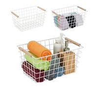 Relaxdays Cestino Metallico Portaoggetti a Rete, Set 2 Cesti con Manici in Legno, Rettangolare, HLP 16x31x21 cm, Bianco