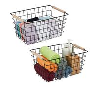 Relaxdays Cestino Metallico Portaoggetti a Rete, Set 2 Cesti con Manici in Legno, Rettangolare, HLP 16x31x21 cm, Nero