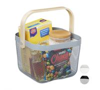 Relaxdays Cestino Portaoggetti, con Manico, Decorativo, in Acciaio e Legno, Cesto, HxLxP: 17,5 x 26 x 24,5 cm, Grigio, 17.5 x 26 x 24.5 cm