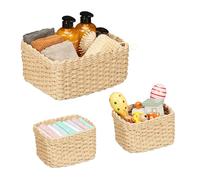Relaxdays Cestino Portaoggetti Design Intrecciato, Set da 3, 2 Misure, Bagno e Armadio, Corda di Carta, Marrone Chiaro, Ferro