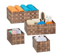 Relaxdays Cestino Portaoggetti in Plastica, Set da 4, Intrecciato, Cesta per Bagno, Rettangolare, 3 Misure, Marrone, 1 pz